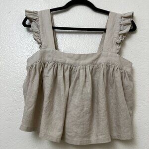 Neutral Linen Oatmeal Ruffle Flutter Sleeve Crop Top Size Small Celebrity pink
